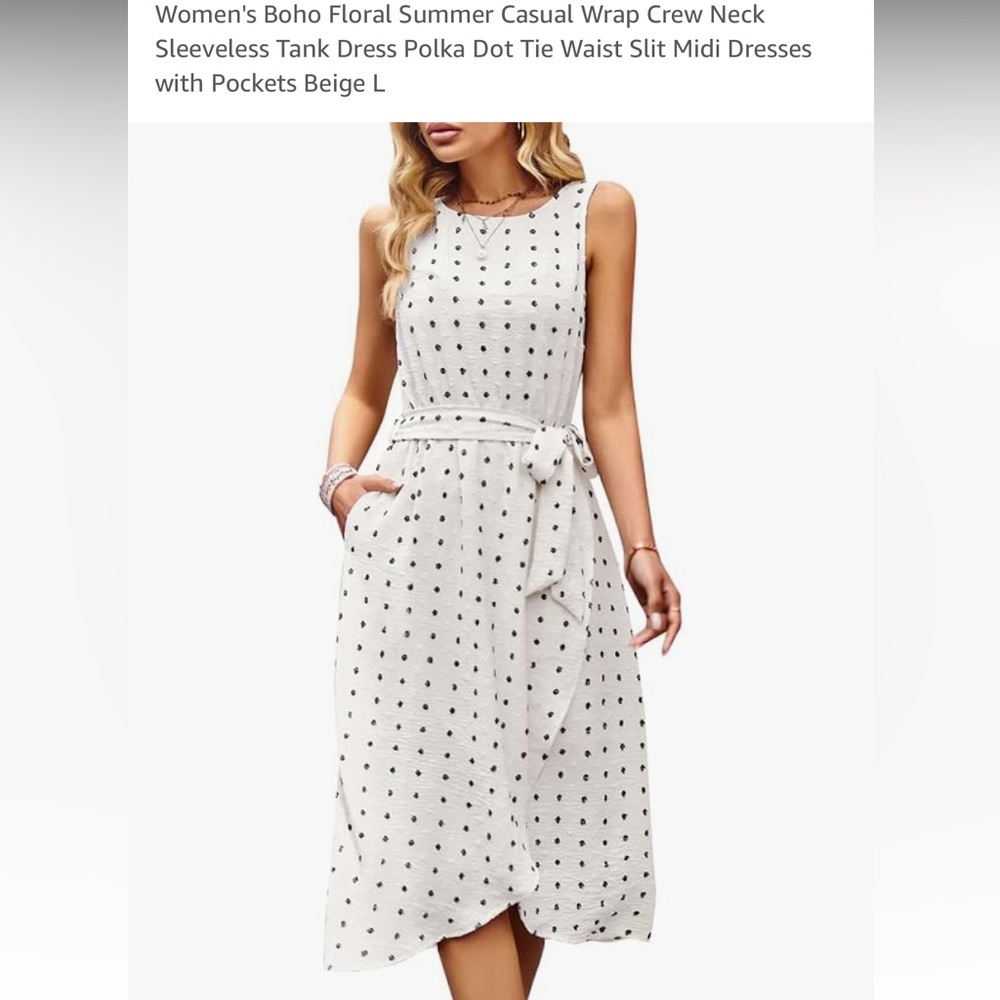 Casual Elegant - Polka Dot Tie Waist Slit Midi Dress with ✨Pockets💕 - Large